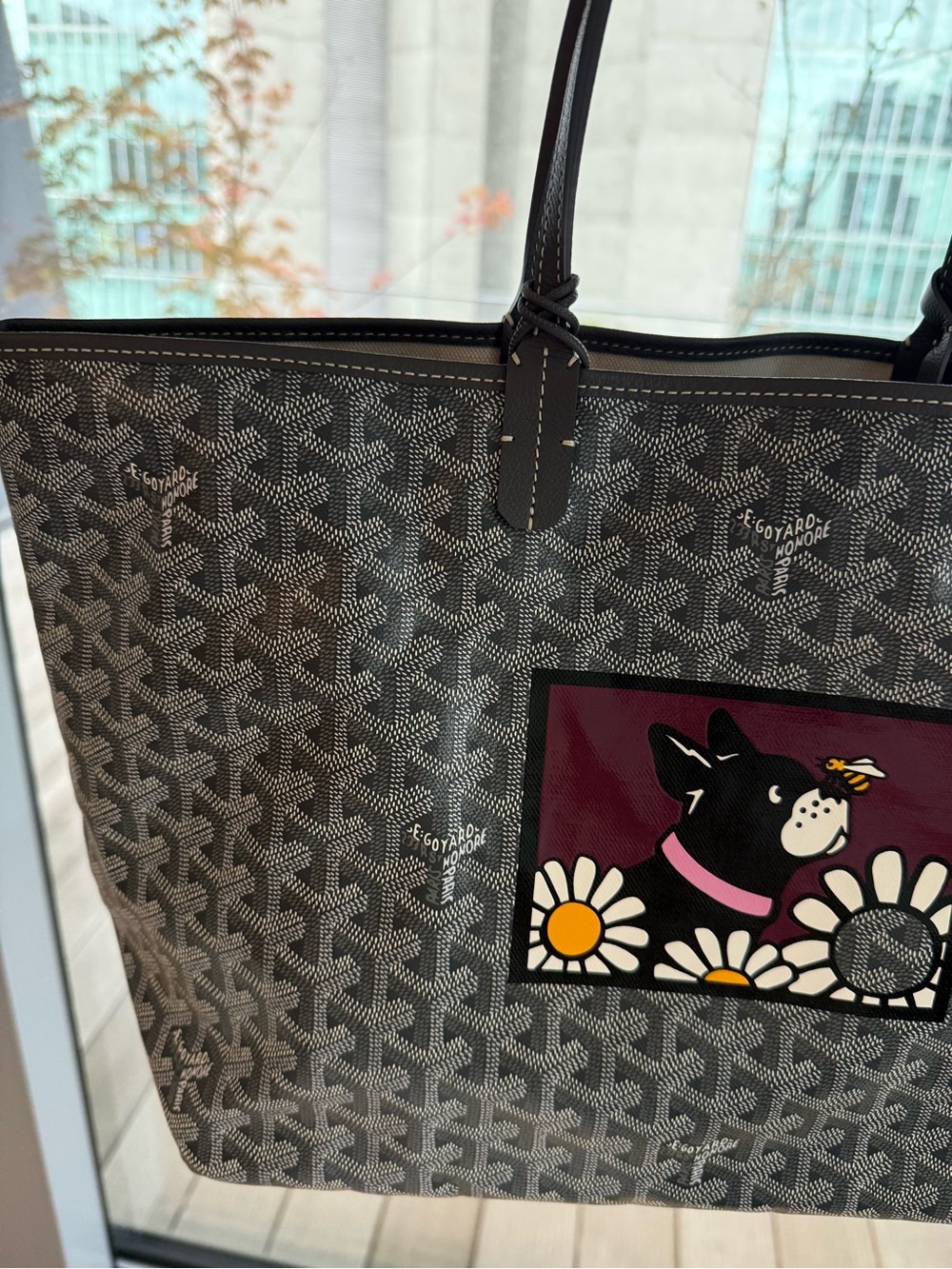 Goyard Black & Gray Printed Canvas Tote with Floral Dog Panel